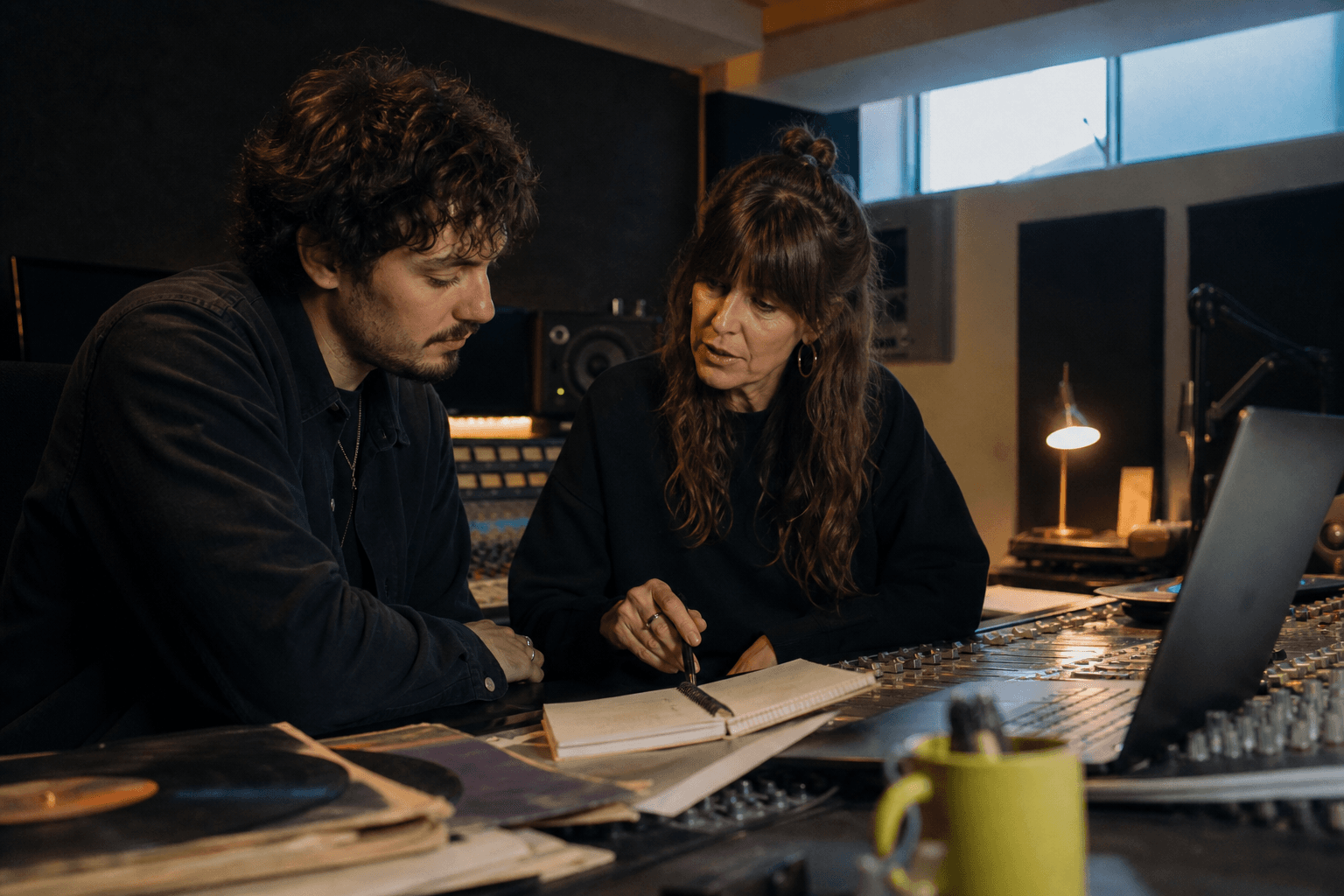 Artist and experienced creative director planning a release campaign in a recording studio