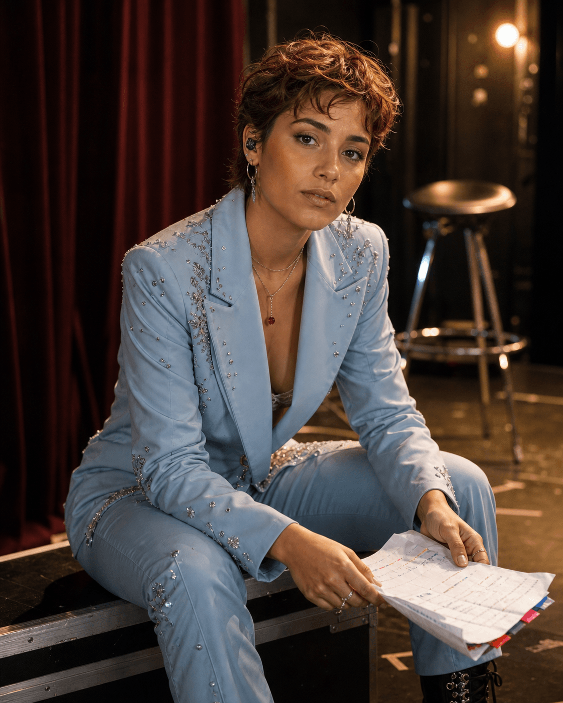 Fictional independent pop artist reviewing her set list during rehearsal